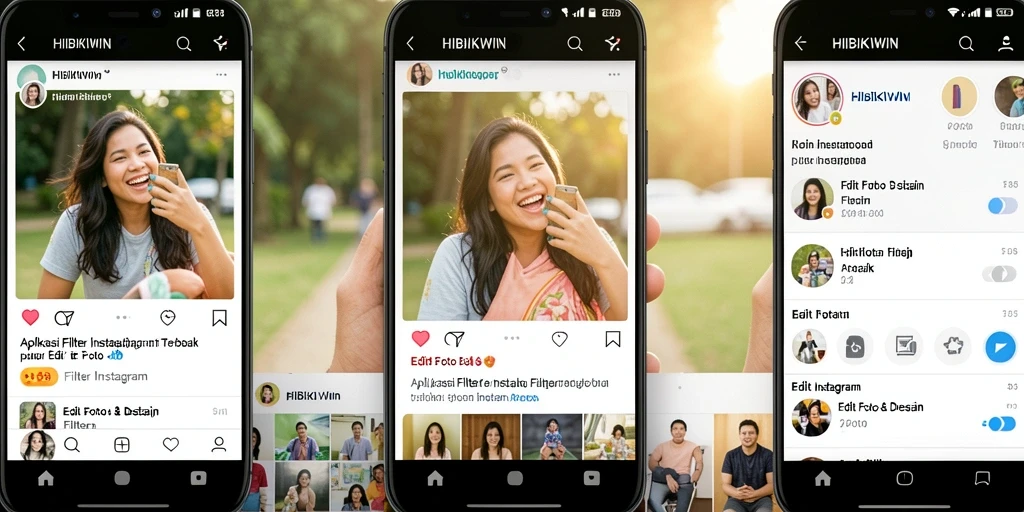 Tampilan antarmuka HIBIKIWIN dengan pilihan filter Instagram yang menarik.